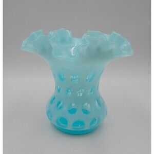 Fenton Blue Opalescent Coin Dot Vase Ruffled Edge 6 Inch Tall Cut To Clear